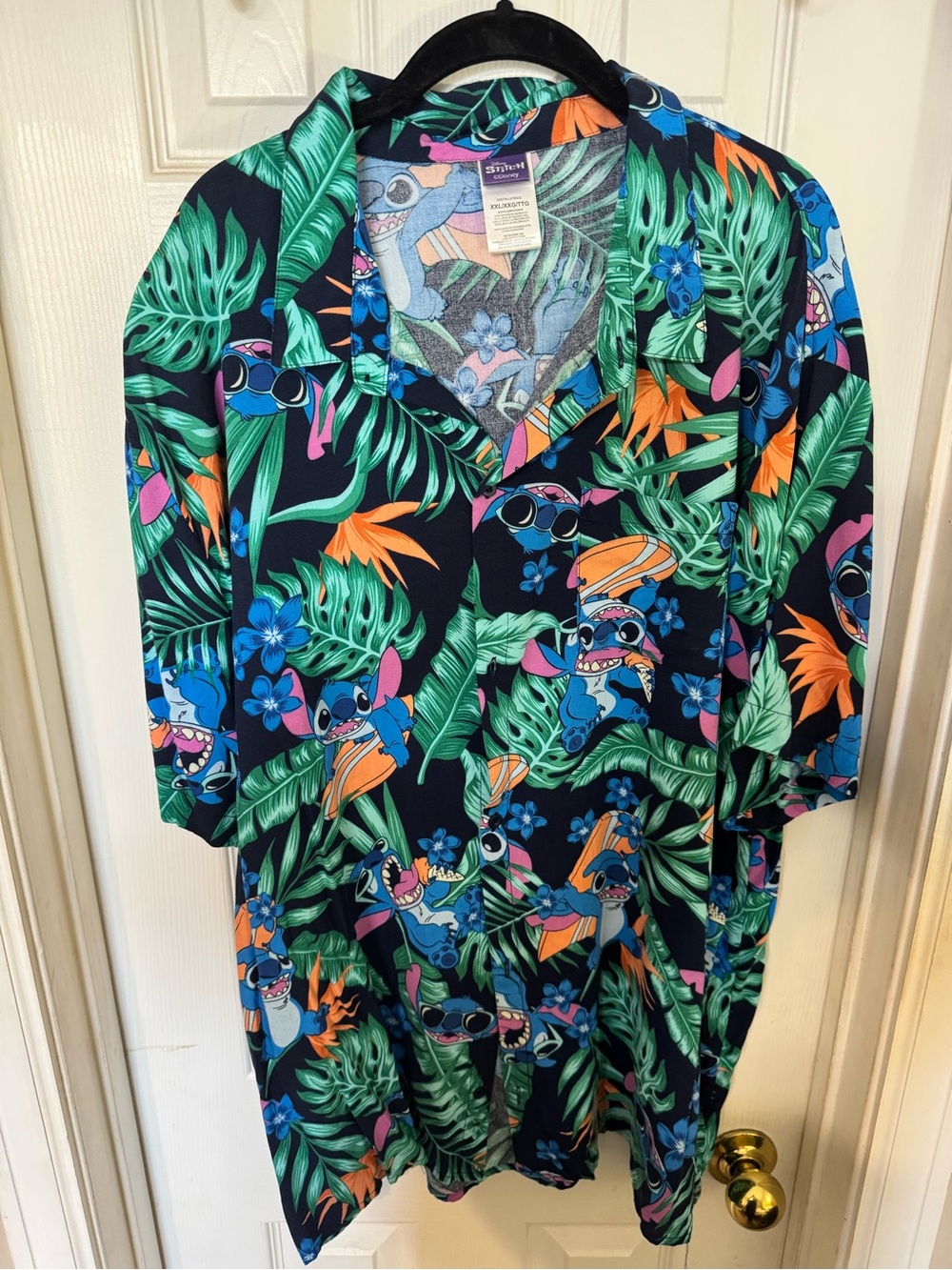 Disney Stitch Hawaiian Shirt in Navy with Green & Orange Tropical Print